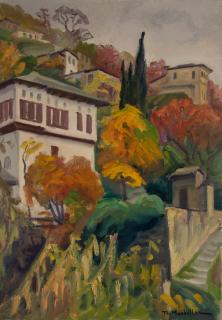 Makrinitsa, the Old Mansion Above the Parking — Oil painting, Canvas, 46.00×65.00cm — Theodoros Markellos